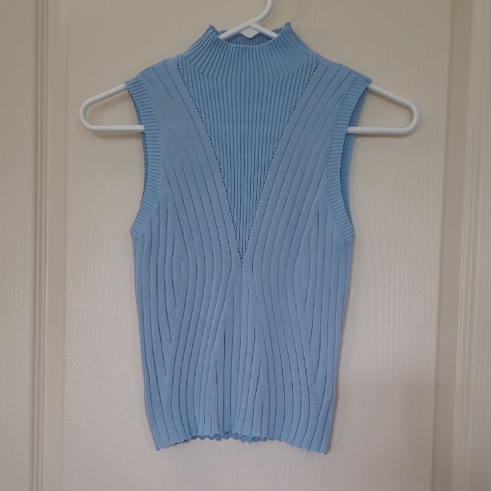 SHEIN Sleeveless Blue Ribbed Knit Mock Turtleneck Top Size S/4